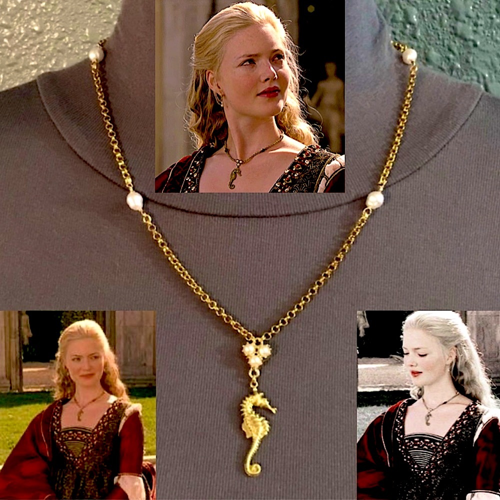 Lucrezia Borgia Gold Seahorse with Pearls Renaissance Necklace, Handmade Replica